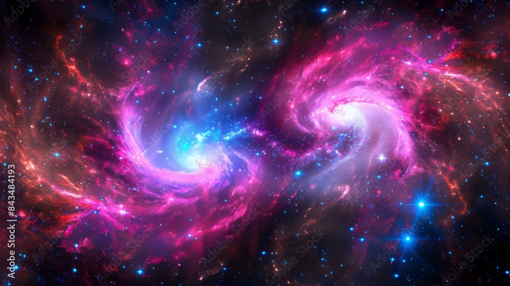 A vibrant 360-degree space nebula panorama with swirling pink and blue hues and twinkling stars. A vibrant 360-degree space nebula panorama with swirling pink and blue hues and twinkling stars.