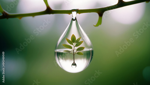 A tree in a drop of water against the background of a blurry forest landscape