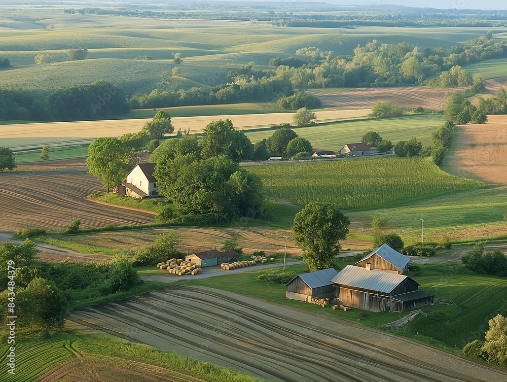 Aerial view of a tranquil countryside farm with fields, trees, barns, and a farmhouse under a clear sky.