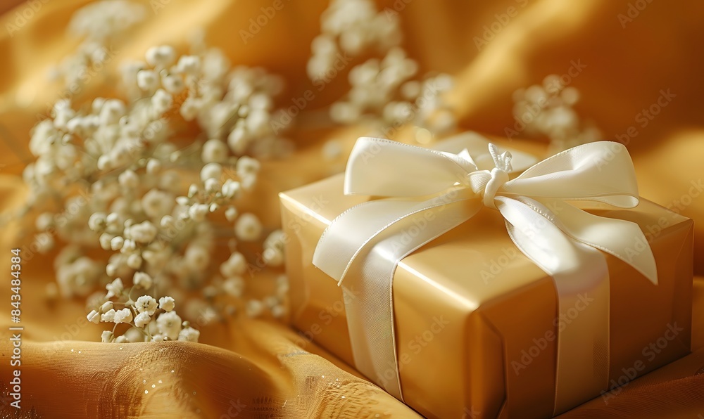 Golden Gift Box with White Bow and Delicate Flowers, Generative AI Golden Gift Box with White Bow and Delicate Flowers, Generative AI