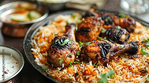 A view of a big plate of mandi rice with grilled chicken