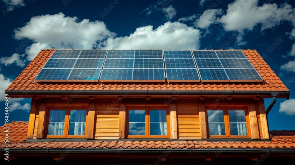 Solar panels installed on the red-tiled roof of a house against a blue sky with clouds. Solar panels installed on the red-tiled roof of a house against a blue sky with clouds.