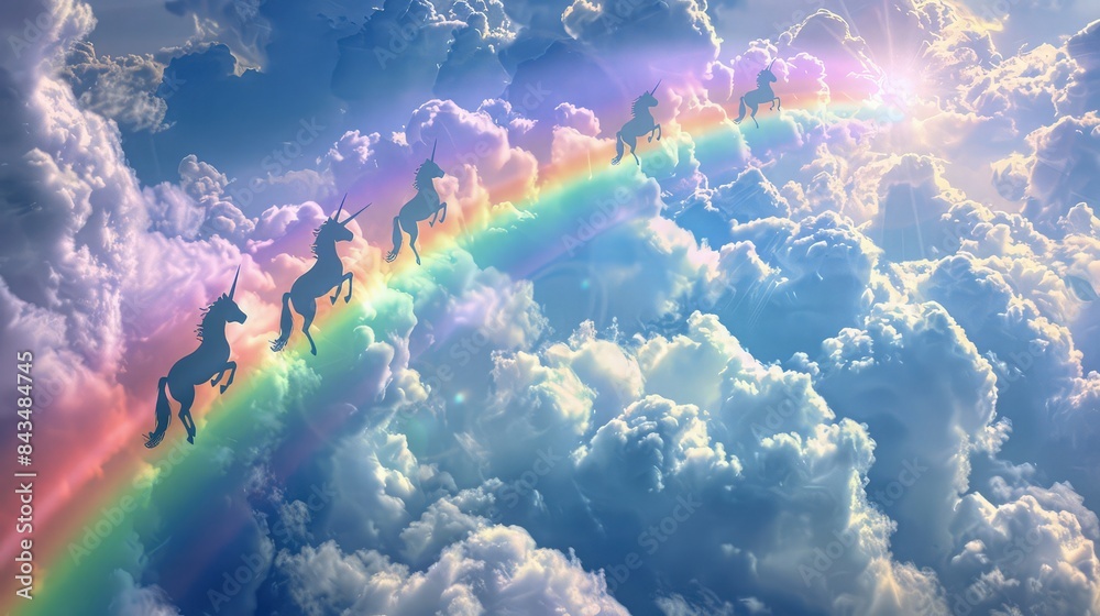 A vibrant rainbow stretching across a sky filled with fluffy clouds ...