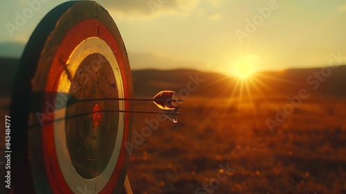 Archery target with hits by three arrows with sun and sky with sun flares