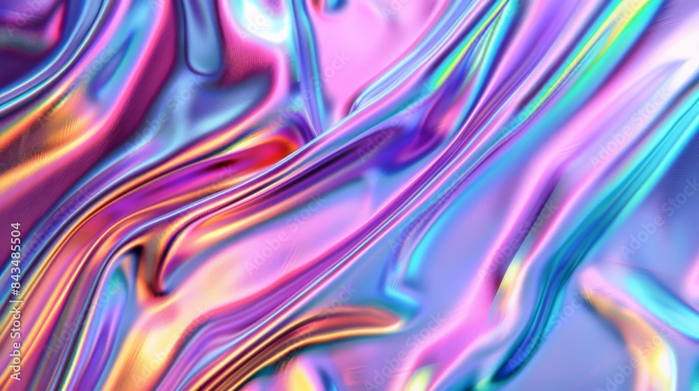 Obraz premium Holographic iridescent satin foil background with vibrant waves and folds.