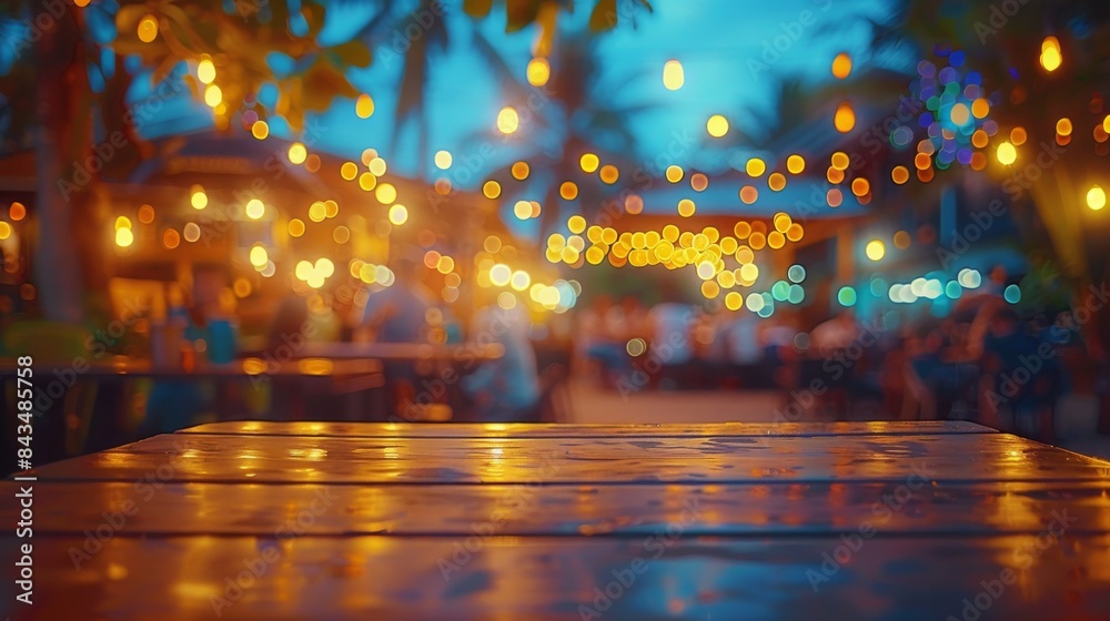 Obraz premium Wooden table surface with blurred background of beach cafe ambiance and bokeh lights during evening.