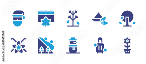Seasons icon set. Duotone color. Vector illustration. Containing curry, santaclaus, autumntree, tree, snowman, avalanche, autumn, flower, suitcase, vanilla.