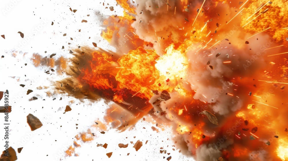 A realistic explosion with bright flames and debris against a transparent background. A realistic explosion with bright flames and debris against a transparent background.