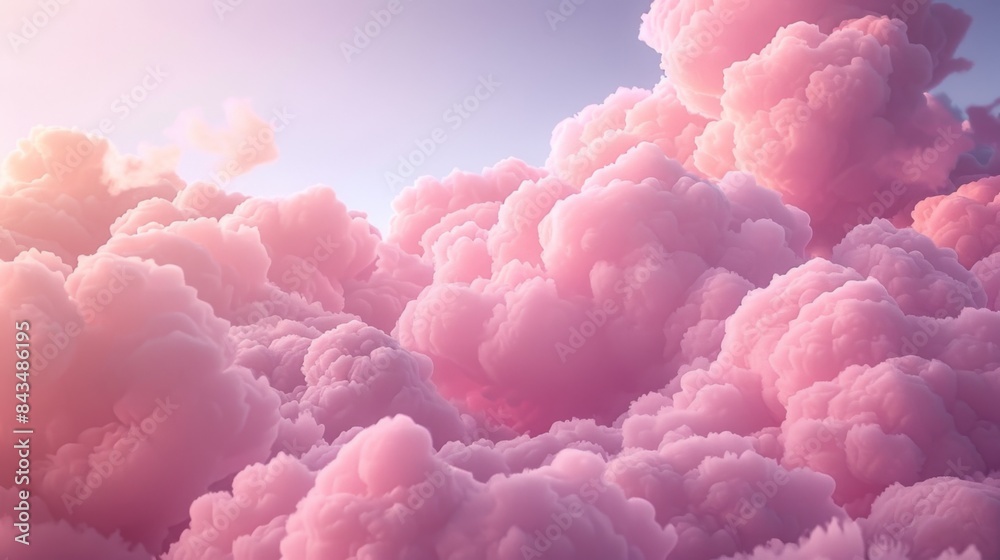 Surreal pink clouds resembling fluffy cotton candy fill the sky in a dream-like, upscaled stage setting. Surreal pink clouds resembling fluffy cotton candy fill the sky in a dream-like, upscaled stage setting.