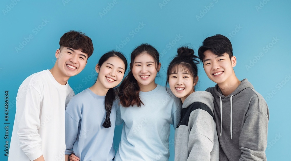 A portrait of korean young people early twenties. standing close together against an isolated blue background. They wear casual t-shirts or hoodies, exuding youthful happy energy. generative AI A portrait of korean young people early twenties. standing close together against an isolated blue background. They wear casual t-shirts or hoodies, exuding youthful happy energy. generative AI