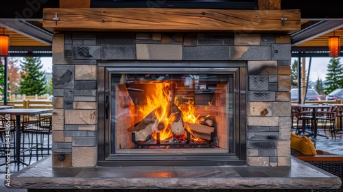 A cozy and stylish living room fireplace with a vibrant fire burning, surrounded by elegant stone work. photo