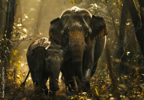 A mother elephant with her baby on its back in an Indian forest