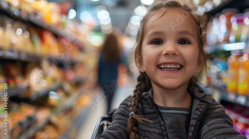 Happy child with family shopping in a grocery store shopping for food.