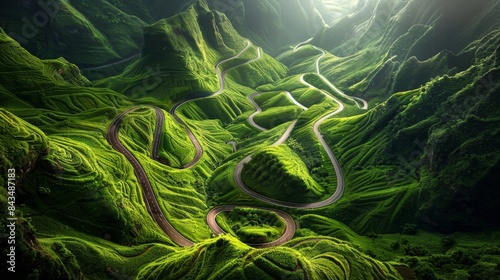 An awe-inspiring aerial view of a winding road through lush green mountains under a soft light. photo