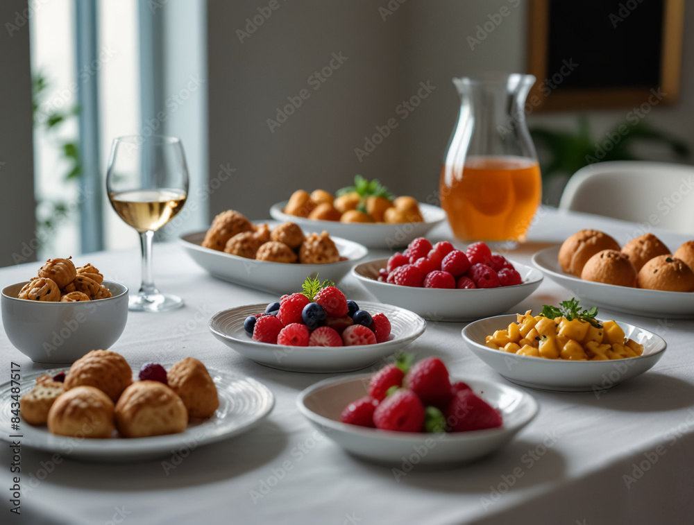 AI generative. Illustration of appetizer dishes on a white dining table. 1 AI generative. Illustration of appetizer dishes on a white dining table. 1