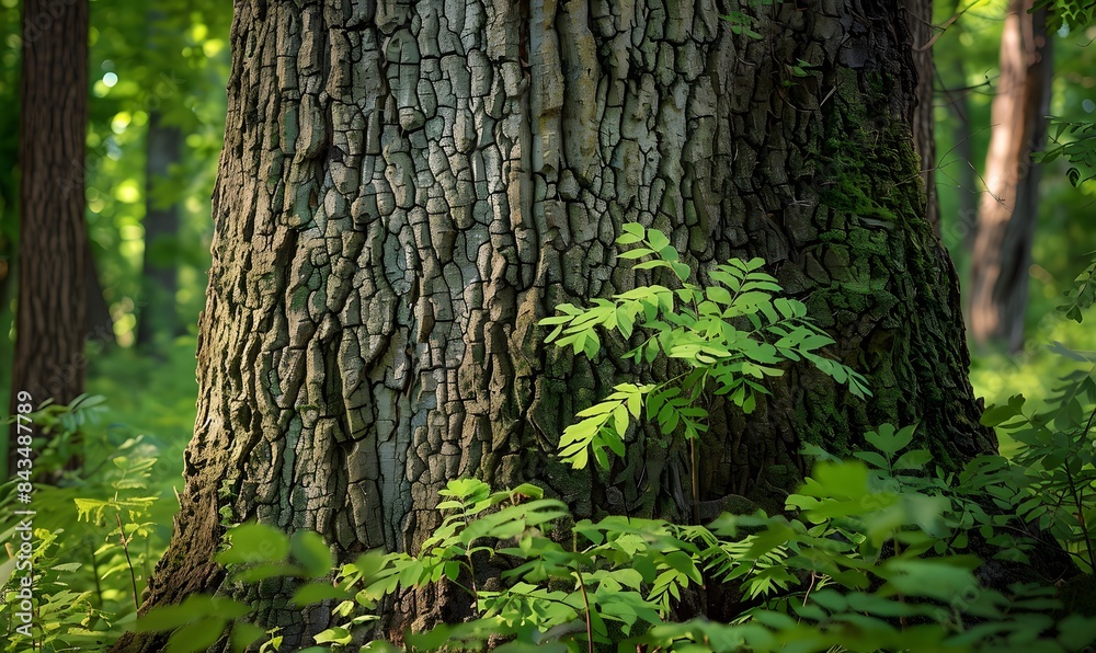 rough bark texture amidst lush green foliage in a tranquil forest, Generative AI rough bark texture amidst lush green foliage in a tranquil forest, Generative AI