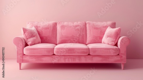 A minimalist living room featuring a pastel pink sofa against pink walls, giving off a serene monochrome aesthetic.
