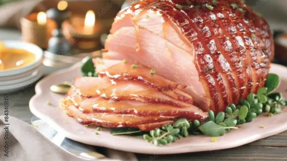 maple-glazed ham with a crispy caramelized crust .4K Video 2024