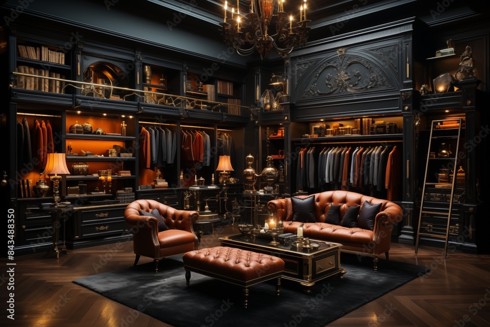 Chic library-boutique with leather seating. Chic library-boutique with leather seating.