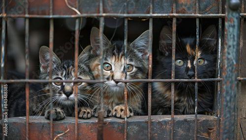 Recreation of a abandonment kittens in a cage of an animal shelter	