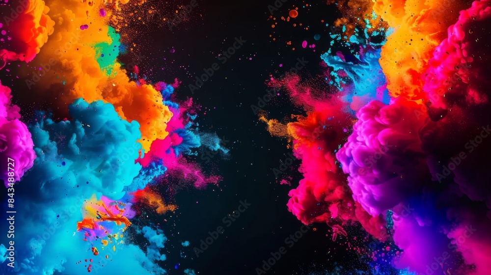 Vibrant, multicolored smoke-like bursts against a black background, suggesting a dynamic and abstract explosion of color. Vibrant, multicolored smoke-like bursts against a black background, suggesting a dynamic and abstract explosion of color.