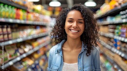 A joyful African woman with curly hair shopping inside a grocery store, surrounded by colorful product shelves.