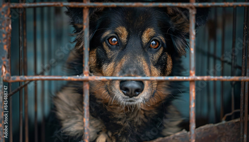 Recreation of a abandonment dog in a cage of an animal shelter photo