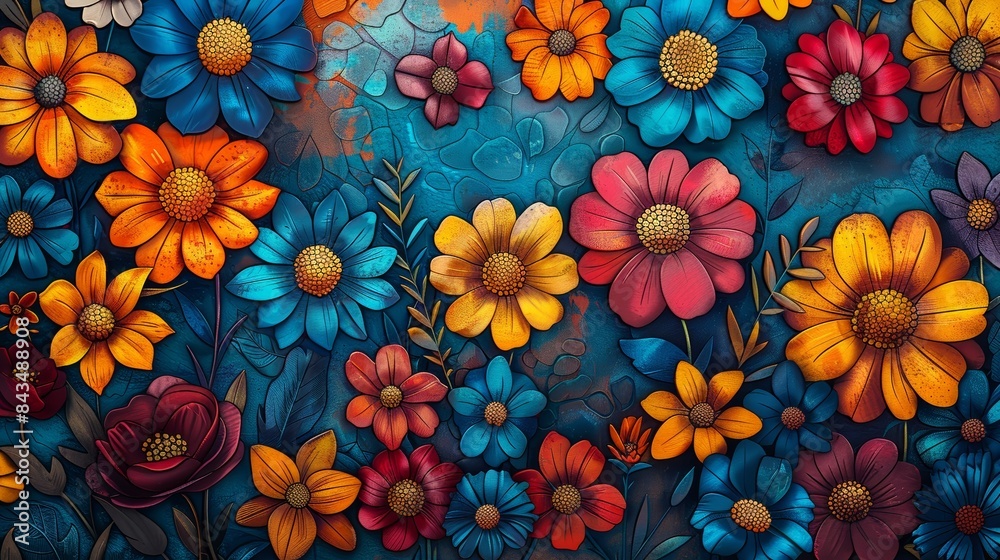 Vibrant digital illustration of colorful flowers in full bloom set against a richly detailed background, capturing nature's beauty. Vibrant digital illustration of colorful flowers in full bloom set against a richly detailed background, capturing nature's beauty.
