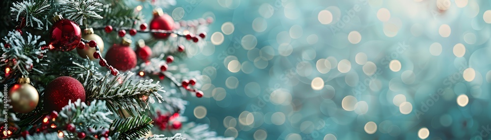 Festive Christmas tree with red ornaments and frosted branches on a blurred blue background with bokeh lights, creating a magical holiday atmosphere. Festive Christmas tree with red ornaments and frosted branches on a blurred blue background with bokeh lights, creating a magical holiday atmosphere.