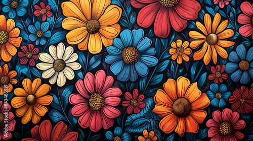 Wallpaper Mural Vibrant, colorful illustration of various flowers in full bloom with a black background, perfect for spring and summer themes. Torontodigital.ca
