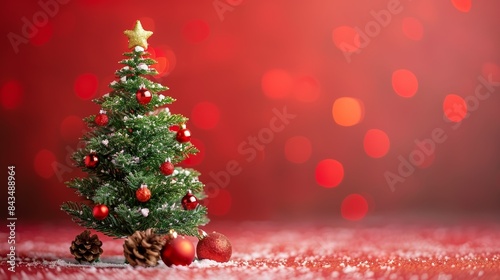 Festive Christmas tree decorated with red ornaments and pinecones  set against a sparkly red bokeh background  evoking holiday spirit.