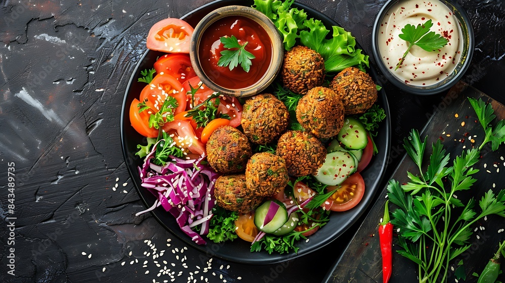 Falafel plate with vegetables salad and sauce