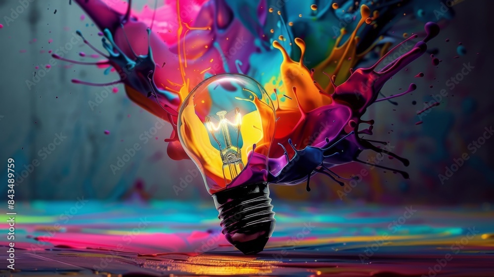 A vibrant 3D illustration of a lightbulb with dynamic, colorful paint splashes representing a creative eureka moment. A vibrant 3D illustration of a lightbulb with dynamic, colorful paint splashes representing a creative eureka moment.