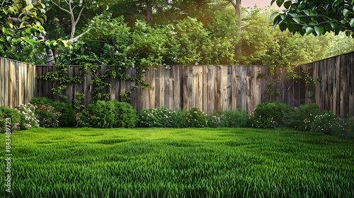 Empty backyard with green grass trees flowers and wood fence