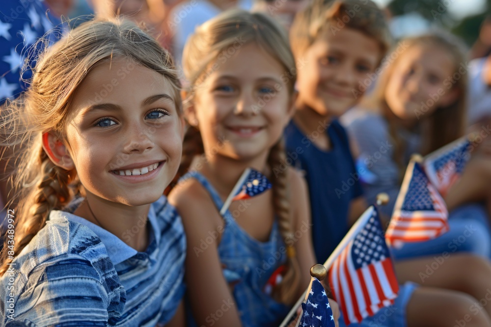 Fototapeta premium Family enjoying a freedom celebration with children holding small American flags near a flagpole
