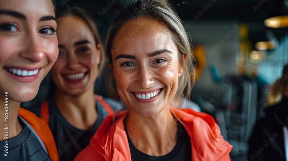 Fototapeta premium Three smiling women in sportswear enjoying time together in a gym with a cinematic feel.