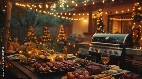 A festive backyard BBQ dinner setup featuring a grill, skewers, fruits, wine, and decorative lights, perfect for evening gatherings.