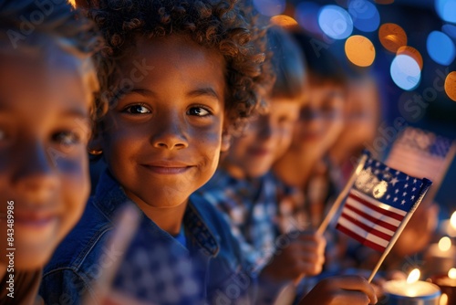 Family enjoying a freedom celebration with children holding small American flags near a flagpole photo