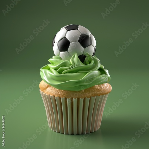 Cupcake with a Soccer Ball on Top, Green Frosting, in Studio Setting on Dark Background Generative ai photo