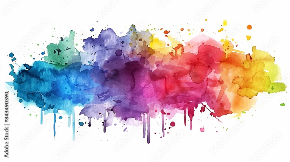 Fototapeta premium Bright colorful watercolor splash splatter stain brush strokes on white background. Modern vibrant aquarelle spot. Rainbow trendy isolated design on white. Element. Vector watercolor illustration.