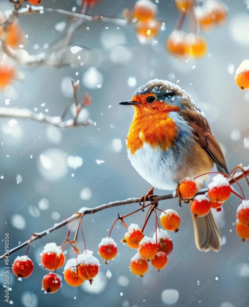 Beautiful European robin bird perched on a snowy branch with vibrant berries, creating a stunning winter scene - Generative ai Beautiful European robin bird perched on a snowy branch with vibrant berries, creating a stunning winter scene - Generative ai