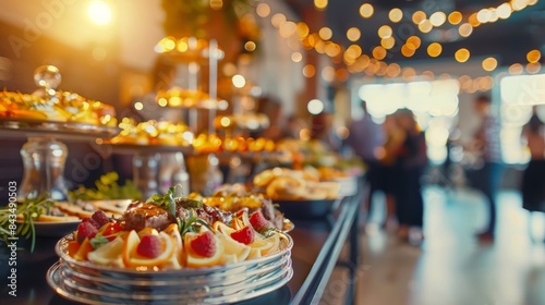 An indoor catering buffet with a variety of dishes displayed under warm lighting, as guests serve themselves.