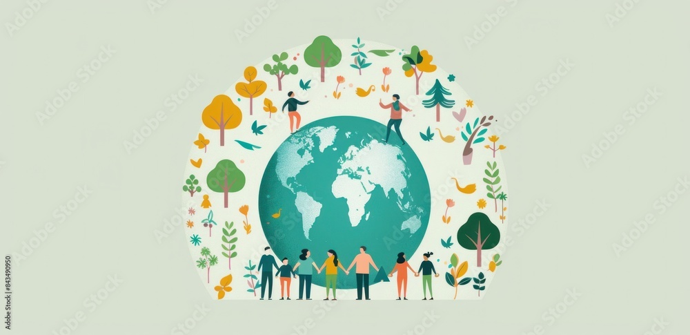 Flat vector illustration of diverse people standing around Earth, promoting global sustainability and unity - Generative ai Flat vector illustration of diverse people standing around Earth, promoting global sustainability and unity - Generative ai