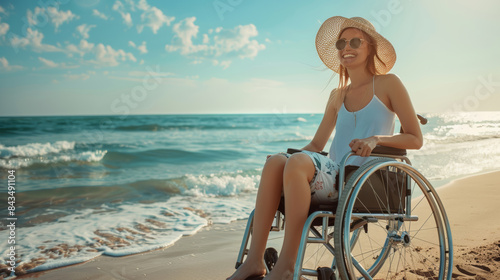 Beach accessibility and handicapped people holidays concept image with happy disabled young woman in a wheelchair. 