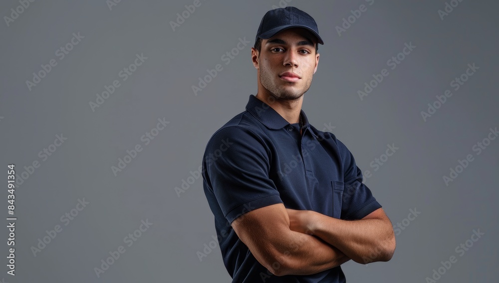 Photo of an attractive male service technician wearing a navy blue polo and baseball hat, with his arms crossed, on a grey background