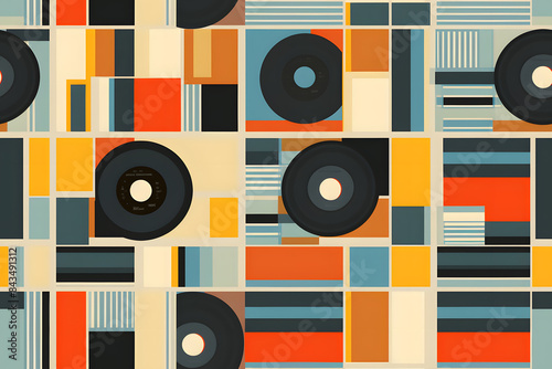 Retro geometric pattern with music vinyl records and colorful squares