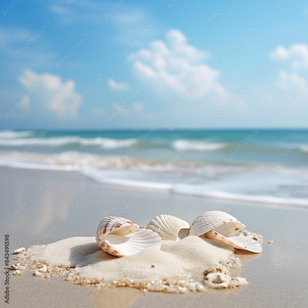 Seashells on Sandy Beach with Gentle Waves in Natural Light Seashells on Sandy Beach with Gentle Waves in Natural Light
