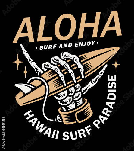 Skull holding a surf board