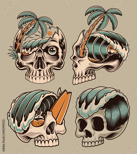Photography vector set of skulls with waves and surfboards inside