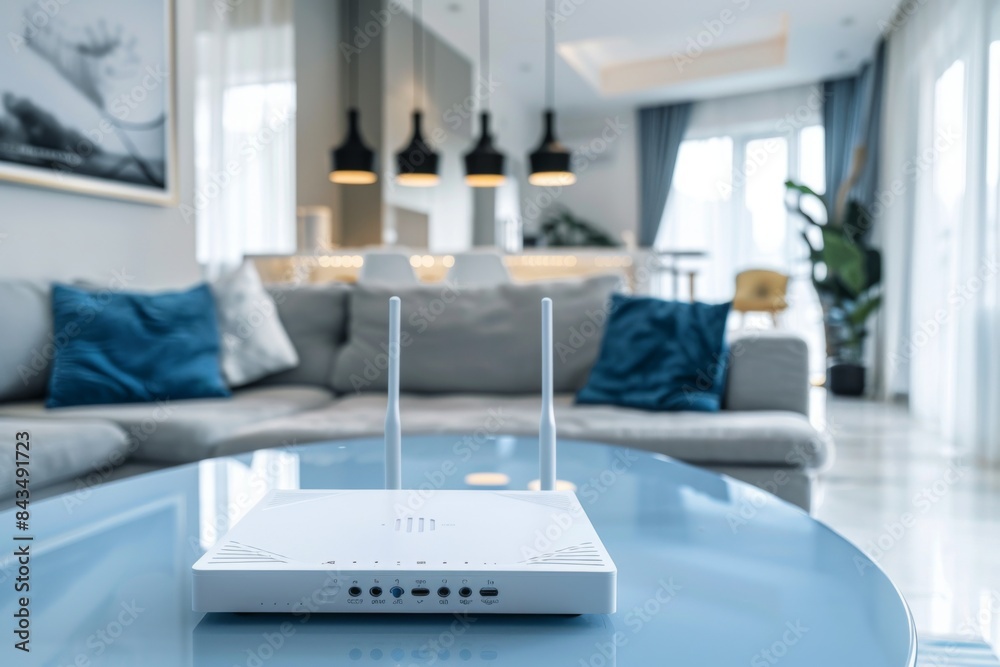 In the living room, there is a white router placed on a glass table